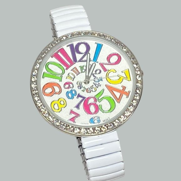 Geneva Platinum Womens Stretch White Band Round Rhinestone Face Colorful Numbers - Picture 3 of 9